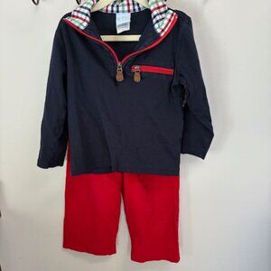 Bella Bliss 2 piece Christmas Red Navy LS 1/4 Zip with Plaid Accents -4T